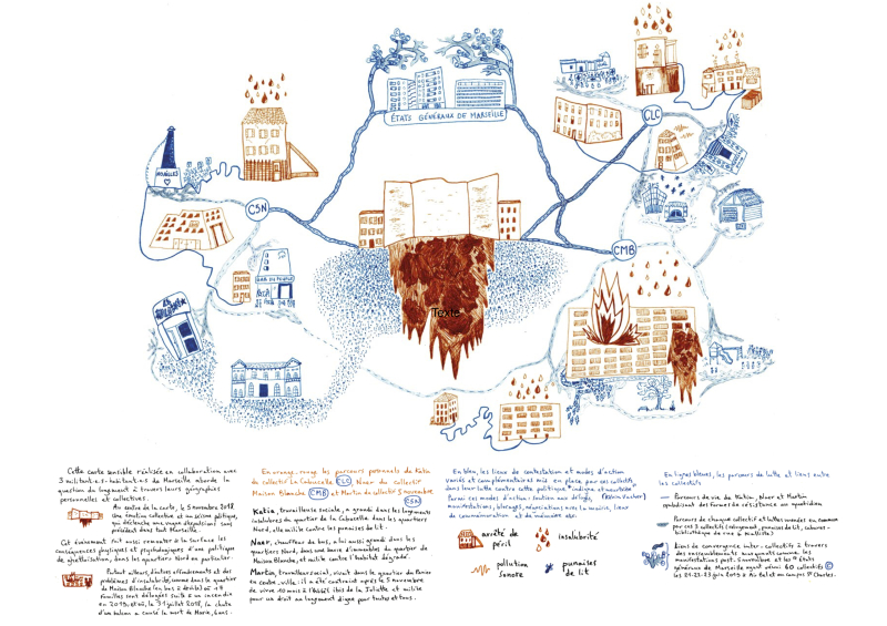Fig. 2. Élise Olmedo, Cartographie sensible des luttes, dos de couverture de la revue Vacarme (2019/4, n° 89). Dessin au feutre et aquarelle, 27,9 cm x 38,1 cm.