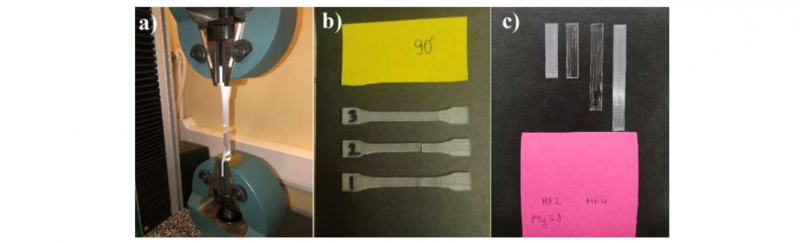 Fig. 3. Positioning the specimen in the working area of the testing machine 50ST Tinius Olsen. (a) general view of the specimen in the machine grips, (b) scheme for measuring the working length of the original specimen.